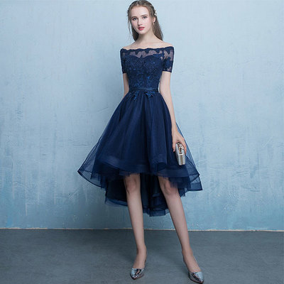 Dark blue lace tulle short prom dress, high low evening dress - Thumbnail 5