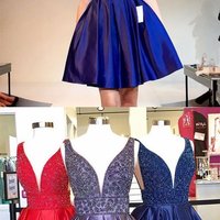 Cute Beaded Short Homecoming Dresses V-Neck Prom Dresses Knee Length Evening Formal Dresses - Thumbnail 1