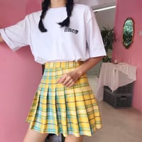 High Waist Pastel Colored Plaid Pleated Skirt - Thumbnail 2