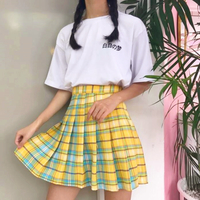 High Waist Pastel Colored Plaid Pleated Skirt - Thumbnail 3