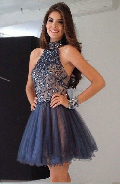 Halter Navy Blue Tulle Homecoming Dresses with Beading