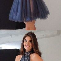 Halter Navy Blue Tulle Homecoming Dresses with Beading - Thumbnail 1