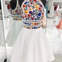 Cute Halter A-line Handmade Floral Short White Homecoming Dress - Thumbnail 1