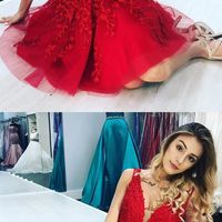 Cute Blue V Neck Sleeveless Tulle Homecoming Dress with Appliques - Thumbnail 1