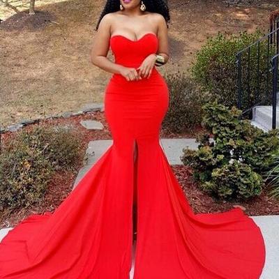 Simple mermaid red prom dresses sweetheart sleeveless side slit evening formal gowns