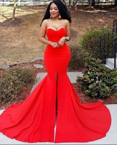 Simple Mermaid Red Prom Dresses Sweetheart Sleeveless Side Slit Evening Formal Gowns
