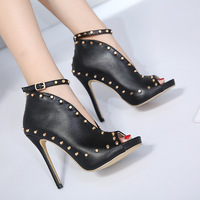 Rivets Ankle Strap PU Stiletto Heel Peep-toe High Heel Sandals QQ-0052 - Thumbnail 1