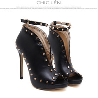 Rivets Ankle Strap PU Stiletto Heel Peep-toe High Heel Sandals QQ-0052 - Thumbnail 3