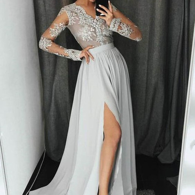 V-neck long sleeves light grey chiffon prom dress with appliques