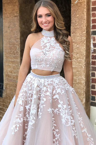 Elegant Two Piece Champagne and White Long Prom Dress with Open Back