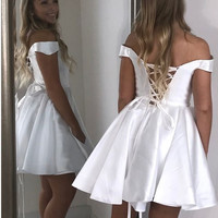 Cheap White Homecoming Dresses Off the Shoulder Short Prom Dress - Thumbnail 1
