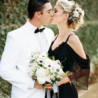 Simple Black Wedding Dresses Spaghetti Straps A Line Chiffon Lace Bridal Gowns - Thumbnail 1