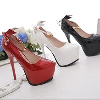 Back Bowknot PU Stiletto Heel Round Toe Ankle Strap High Heels Q-0056 - Thumbnail 1