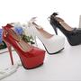 Back Bowknot PU Stiletto Heel Round Toe Ankle Strap High Heels Q-0056-1