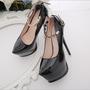 Back Bowknot PU Stiletto Heel Round Toe Ankle Strap High Heels Q-0056-2