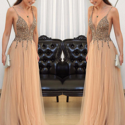 Sexy deep v neck sleeveless prom dresses beads crystal evening dress