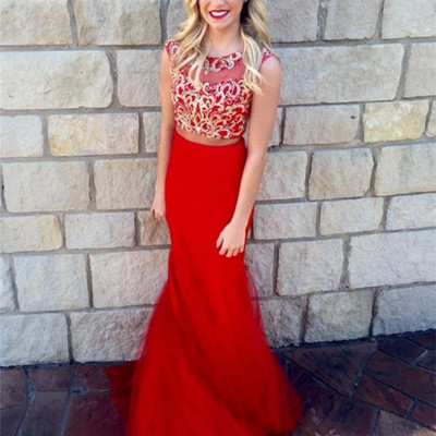Two piece red mermaid long prom dresses with beading