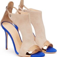 Patchwork Suede Stiletto Heel Peep-toe Ankle Strap High Heels Sandals Q-0071 - Thumbnail 2
