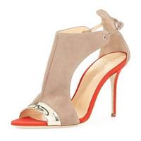 Patchwork Suede Stiletto Heel Peep-toe Ankle Strap High Heels Sandals Q-0071 - Thumbnail 3