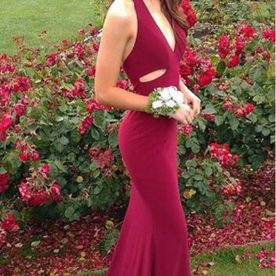 Sexy halter burgundy deep v neck mermaid long prom dresses evening party dress