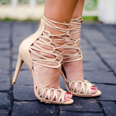 Cut out straps peep toe ankle lace up stiletto high heel sandals q-0073