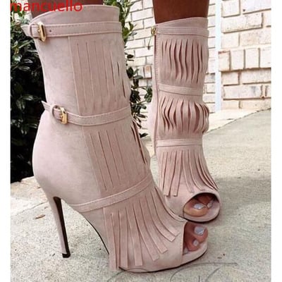 Tassels stiletto heel round toe high heel ankle boot sandals party shoes q-0074