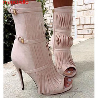 Tassels Stiletto Heel Round Toe High Heel Ankle Boot Sandals Party Shoes Q-0074 - Thumbnail 2
