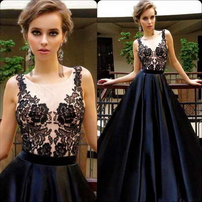 Black Scoop Neck A-Line Long Prom Dresses Evening Party Dress with Appliques