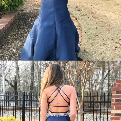 Luxurious halter two piece beads navy blue mermaid prom dress