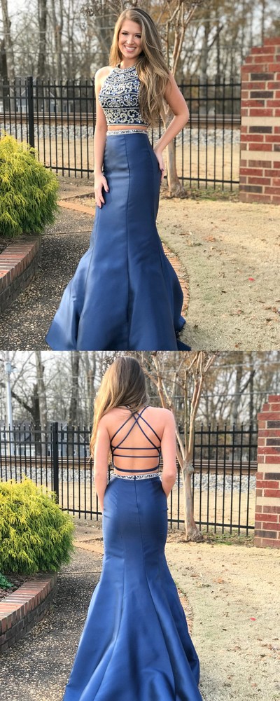 Luxurious Halter Two Piece Beads Navy Blue Mermaid Prom Dress