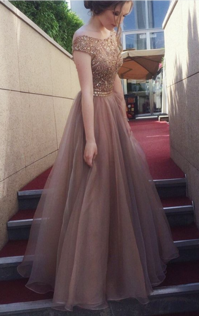 Sexy V Back Coffee Long Prom Dresses Cap Sleeve Formal Gowns with Beading