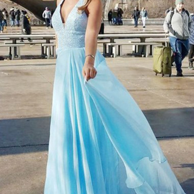 Blue halter deep v neck long prom party dress with beading - Thumbnail 5