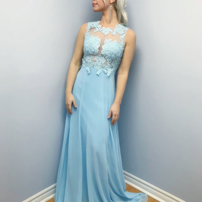 Long sky blue formal evening dress lace bodice cross back cheap prom dresses