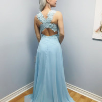 Long Sky Blue Formal Evening Dress Lace Bodice Cross Back Cheap Prom Dresses - Thumbnail 1