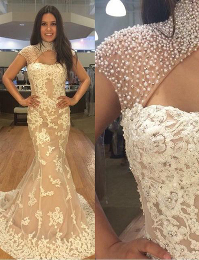 Modest Mermaid Prom Dresses High Neck Cap Sleeves Long Champagne Formal Evening Dresses With Beaded Appliques