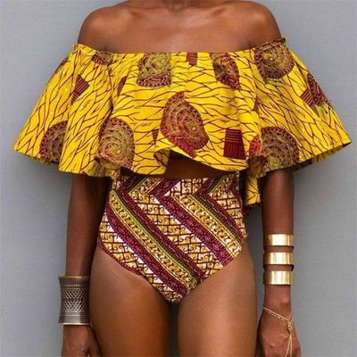 Yellow print Falbala bikini Off shoulder high waist two piece bikini