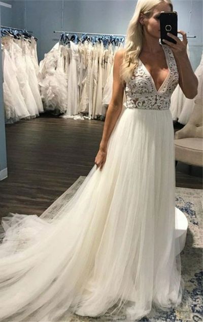 A-Line Deep V-Neck Sweep Train Beach Wedding Dress with Lace
