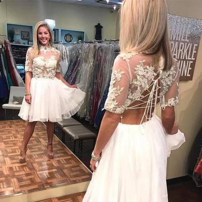 Fashion half sleeve short white homecoming dress with applique,chiffon a-line party dress - Thumbnail 4
