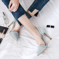 Denim Pointed Toe Transparent Stiletto High Heels Q-0075 - Thumbnail 2