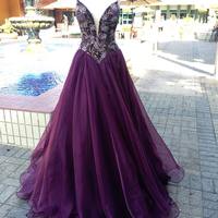 Elegant Beads Straps Purple Long Prom Dress with Slit - Thumbnail 1