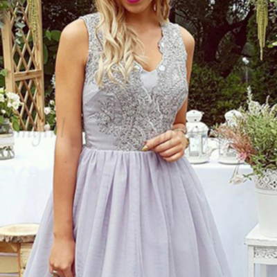 V neck a-line grey tulle homecoming dress short prom dress with appliques - Thumbnail 5