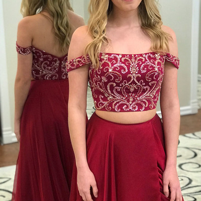 Off the shoulder two piece wine long prom dress with side slit beaded evening gown  - Thumbnail 5
