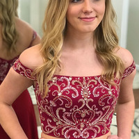 Off the Shoulder Two Piece Wine Long Prom Dress with Side Slit Beaded Evening Gown  - Thumbnail 1