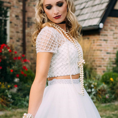 Two piece cap sleeve white long prom dress tulle formal dresses with beading