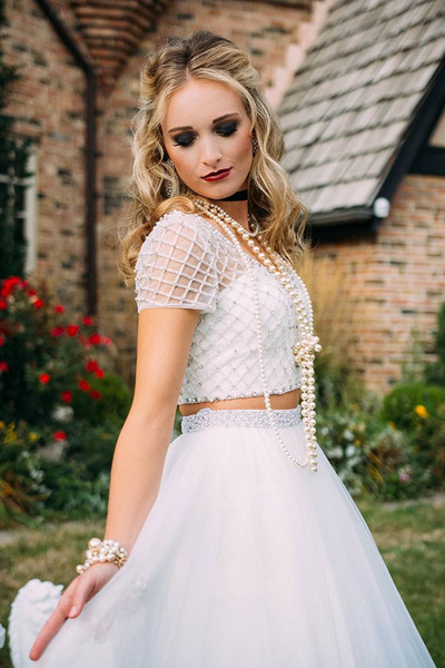 Two Piece Cap Sleeve White Long Prom Dress Tulle Formal Dresses with Beading