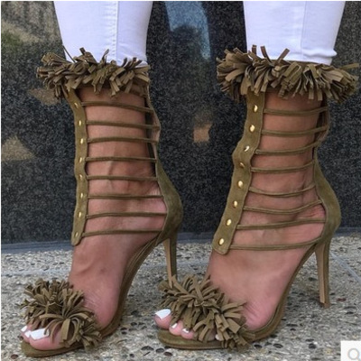 Tassels stiletto heel pu peep-toe zipper high heels sandals pumps q-0086