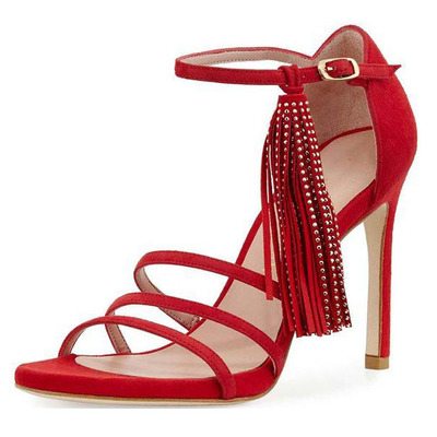 Tassels Suede Simple Ankle Strap High Heel Red Women's Sandals Q-0088