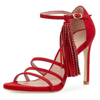 Tassels Suede Simple Ankle Strap High Heel Red Women's Sandals Q-0088 - Thumbnail 1