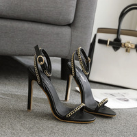 Metal Chain Stiletto Heel Open-toe Ankle Strap High Heel Simple Sandals Q-0090 - Thumbnail 2