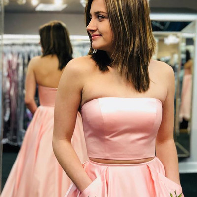 Pretty pink two piece satin long prom dresses evening party dress with pockets - Thumbnail 4